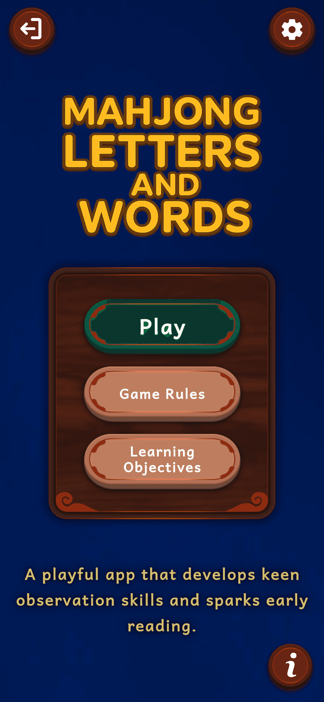 Main Menu - Welcome interface for Mahjong: Letters and Words